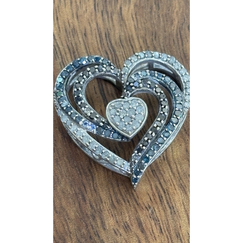 Sterling Silver Blue White Diamond Heart Pendant Jewelry 3/4"